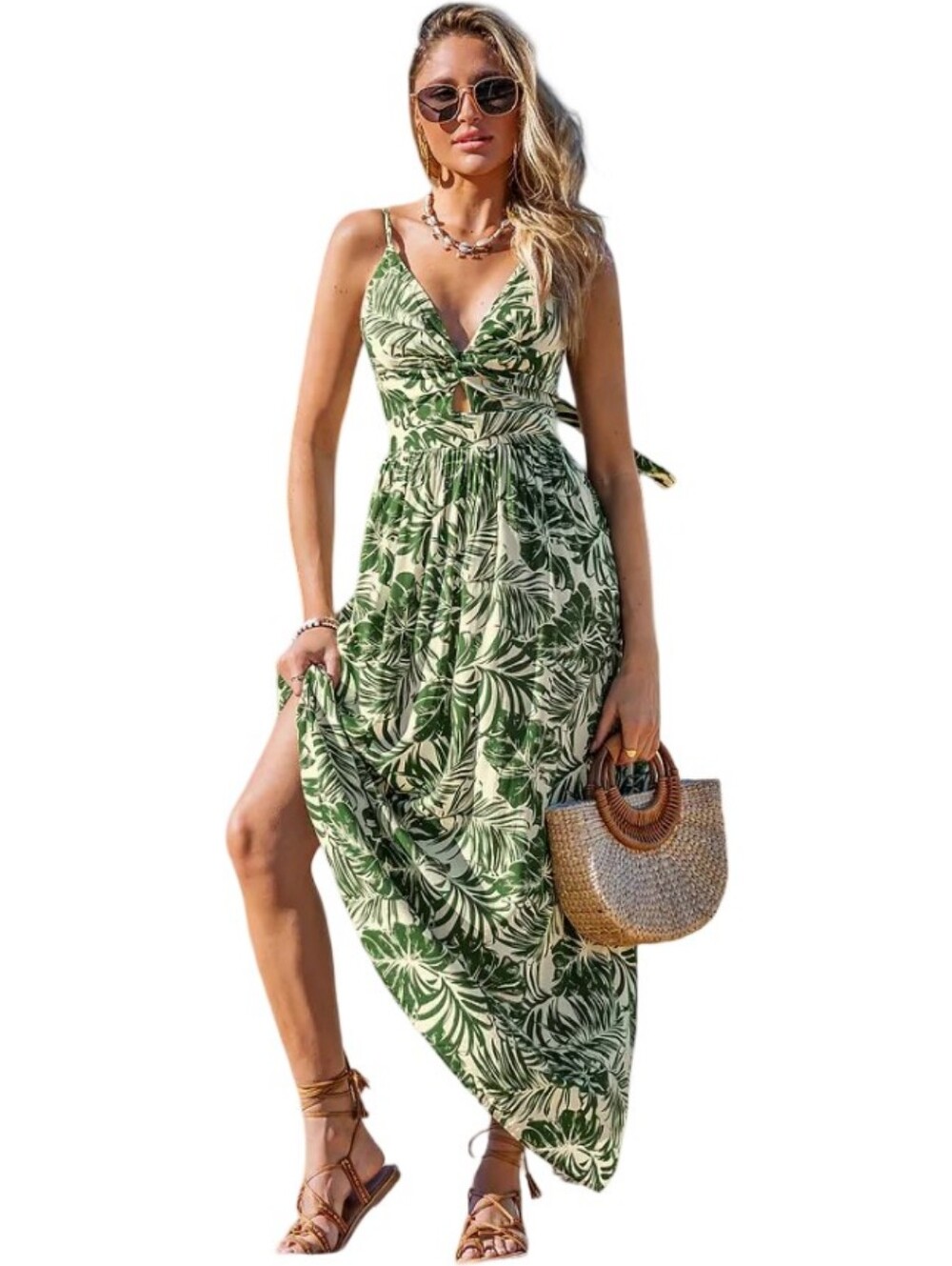 CUPSHE NWT Tropical Palm Leaf V-Neck Maxi Dress Size L - Picture 3 of 7